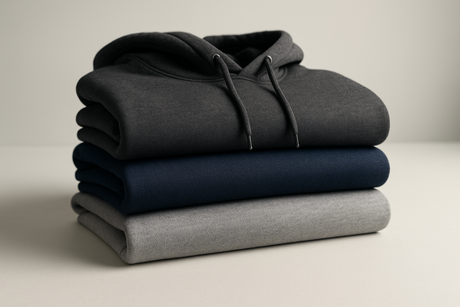 Stack of folded custom blank pullover hoodies in charcoal, navy, and gray, InkWorx Design Collective