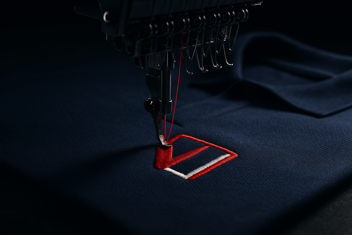Close-up of an embroidery machine stitching a custom logo on a navy polo shirt — InkWorx Design Collective