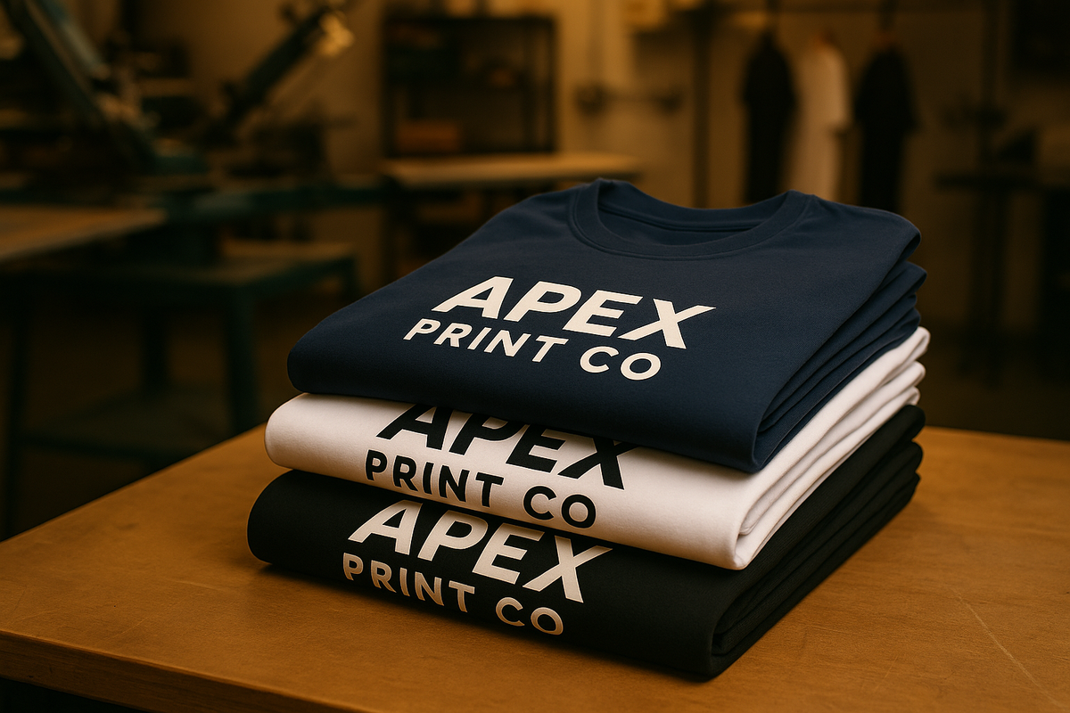 Custom screen-printed t-shirts in a professional apparel production studio — InkWorx Design Collective