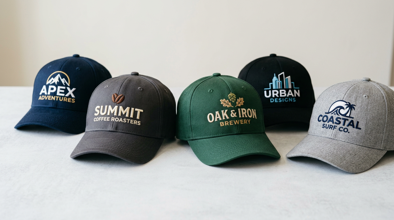 Custom embroidered baseball caps arranged on clean studio surface, product photography