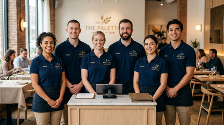 Branded staff uniform program — embroidered polo shirts in a hospitality setting