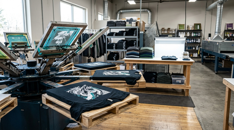 Custom apparel screen printing press and quality control in a production shop
