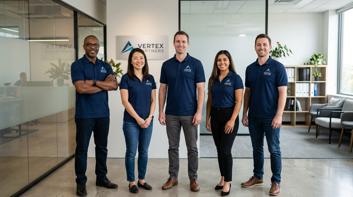 Professional team in matching branded polo shirts at a service business workplace