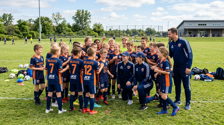 Youth sports team in matching custom jerseys at practice