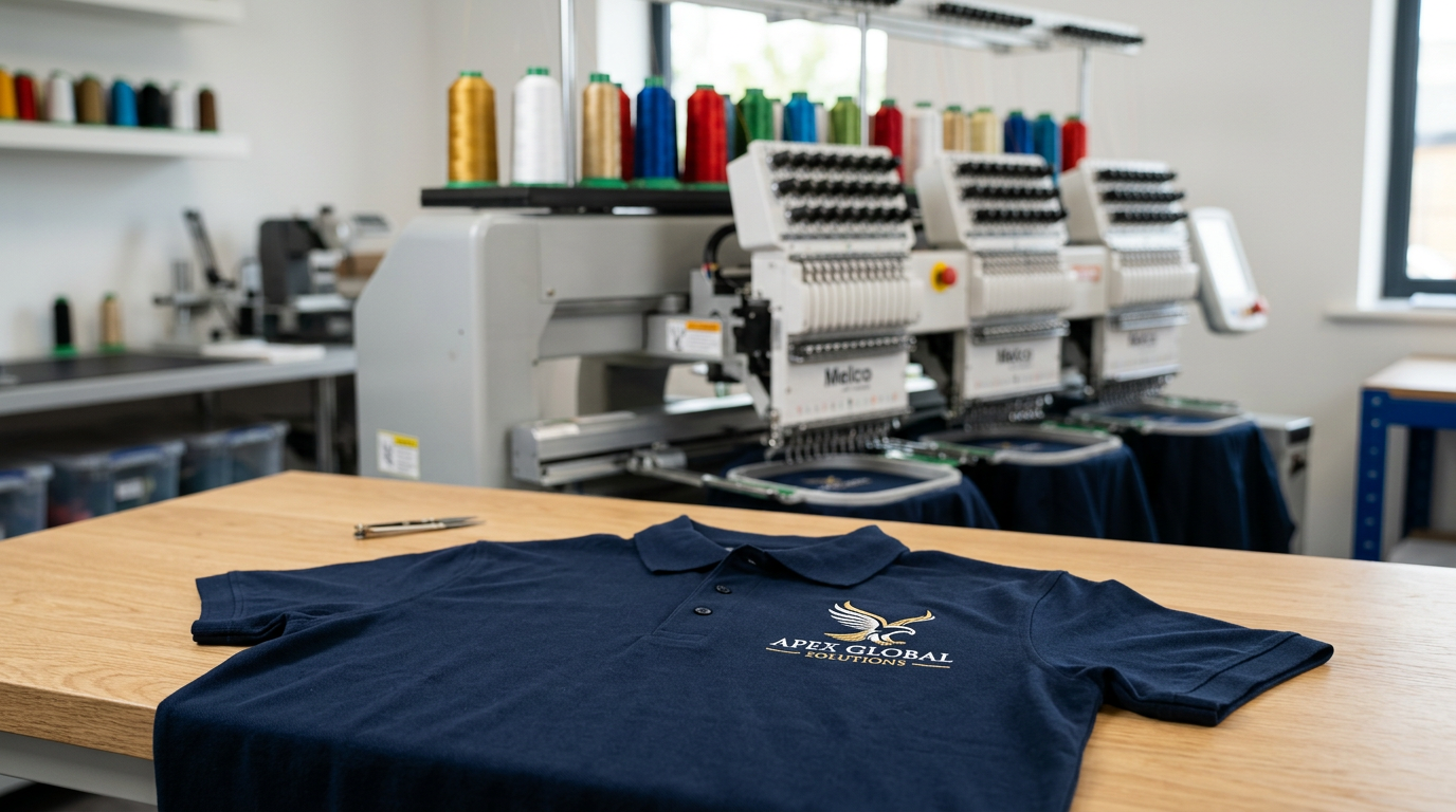 Professional embroidery technician reviewing a digitizing file on computer, embroidery machine and thread spools in background, custom apparel production shop