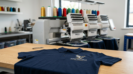 Professional embroidery technician reviewing a digitizing file on computer, embroidery machine and thread spools in background, custom apparel production shop